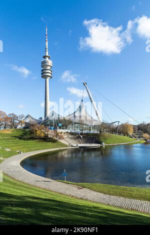 MUNICH, GERMANY - NOV 28, 2016: Tower of stadium of the Olympiapark in Munich, Germany, is an Olympic Park which was constructed for the 1972 Summer O Stock Photo