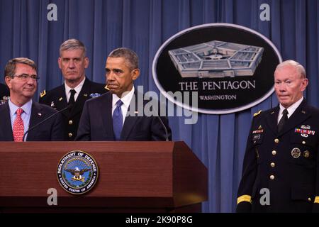 United States President Barack Obama delivers remarks after meeting with members of his national security team concerning ISIS at the Pentagon in Washington, DC on Monday, July 6, 2015. From left, Secretary of Defense Ashton Carter, Commander of U.S. Africa Command Gen. David Rodriguez, and Chairman of the Joint Chiefs of Staff U.S. Army General Martin Dempsey.Credit: Drew Angerer/Pool via CNP /MediaPunch Stock Photo