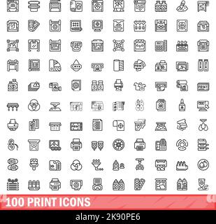 100 print icons set. Outline illustration of 100 print icons vector set isolated on white background Stock Vector