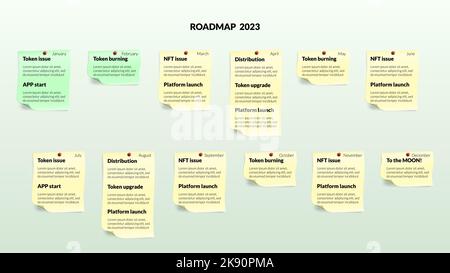 Roadmap from yellow and green stickers with curled corner and shadows on light background. Infographic timeline template for business presentation. Ve Stock Vector