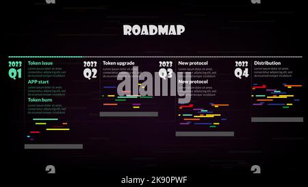 Roadmap with sections with colored lines and copy space on dark background. Infographic timeline template for business presentation. Stock Vector