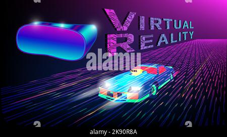 Futuristic Virtual Reality perforated inscription with PCB tracks and glasses on purple background and sport car on digital road. Illustration in pers Stock Vector