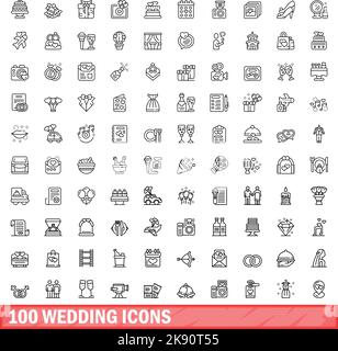 100 wedding icons set. Outline illustration of 100 wedding icons vector set isolated on white background Stock Vector