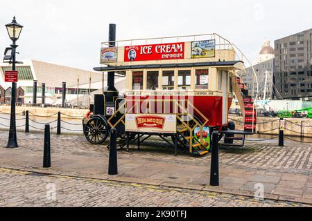Double decker ice cream truck, Royal Albert Docks, Liverpool, Merseyside, England Stock Photo