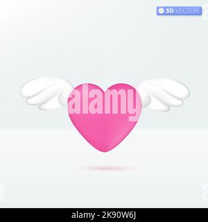 Red heart with wings icon symbols. romantic love, Greeting Valentine, Wedding Celebration concept. 3D vector isolated illustration design. Cartoon pas Stock Vector