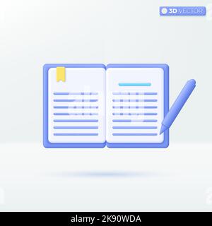 Diary or Book with pen icon symbols. Textbook with bookmark, e-book, magazine, Education concept. 3D vector isolated illustration design. Cartoon past Stock Vector