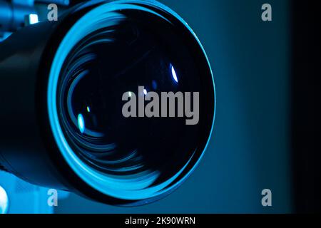 Close-up of a digital camera lens with dark light. Copy space for text. Stock Photo