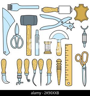 Leather craft working tools set, shoemaker tools for handicraft, vector Stock Vector