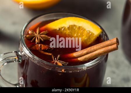 Homemade Christmas Mulled Red Wine with Cinnamon and Orange Stock Photo
