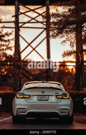 Front Of A White Bmw M4 Parked On A Street With Trees In The Background  Stock Photo - Download Image Now - iStock