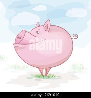 Cute cartoon pig isolated against a background of green grass and blue sky with clouds Stock Vector
