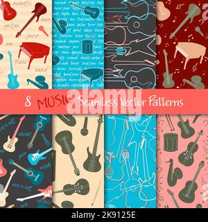 Set of seamless patterns with musical instruments, silhouettes and text Stock Vector