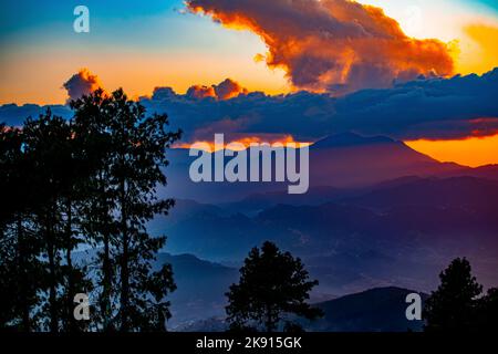 The sunset over the Himalayas mountain range captured from Nagarkot in central Nepal, Kathmandu valley Stock Photo