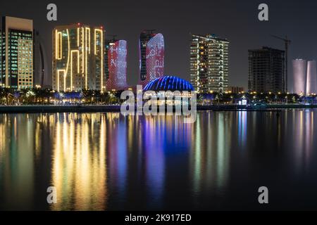 Beautiful night view of Lusail Marina City promenade. Stock Photo