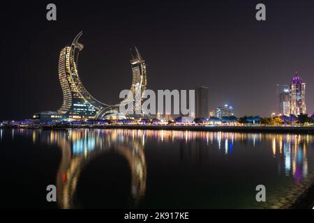 Beautiful night view of Lusail Marina City promenade. Stock Photo