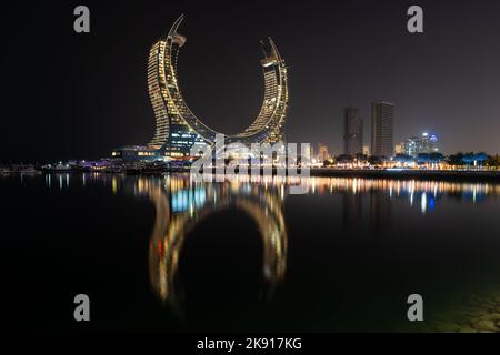 Beautiful night view of Lusail Marina City promenade. Stock Photo