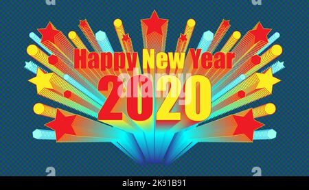A bright Happy New Year 2020 banner with fireworks on a blue background Stock Vector