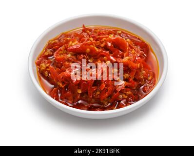 Duo Jiao is a Chinese spicy condiment that a salted chopped red chili pepper made in China's Hunan and Sichuan provinces. Stock Photo