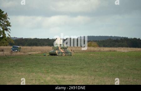 decoy inflatable 2K22 Tunguska self-propelled anti-aircraft platform ready for virtual engagement by aircraft on a military exercise Stock Photo