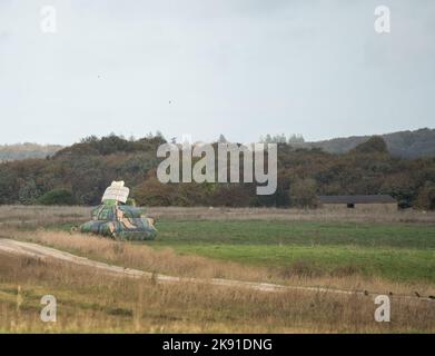 decoy inflatable 2K22 Tunguska self-propelled anti-aircraft platform ready for virtual engagement by aircraft on a military exercise Stock Photo