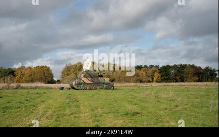 decoy inflatable 2K22 Tunguska self-propelled anti-aircraft platform ready for virtual engagement by aircraft on a military exercise Stock Photo