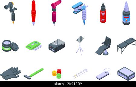 Tattoo equipment icons set isometric vector. Needle machine. Studio tool Stock Vector
