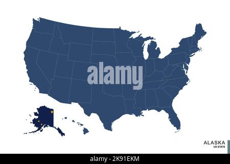 State of Alaska on blue map of United States of America. Flag and map of Alaska. Vector illustration. Stock Vector