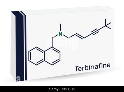 Terbinafine molecule. Skeletal chemical formula. Paper packaging for drugs. Stock Vector