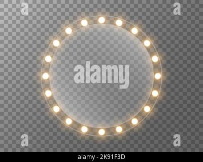 Makeup mirror with lights. Round mirror with gold bulbs. Frame with bright lamps. Realistic illuminated glass for banner or poster. Vector illustratio Stock Vector