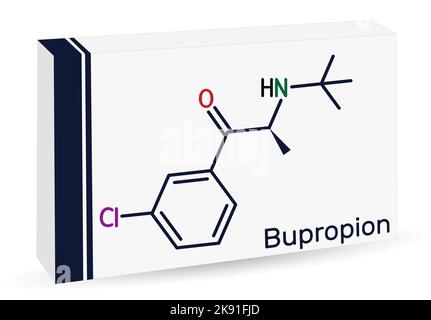 Bupropion molecule. Skeletal chemical formula. Paper packaging for drugs Stock Vector