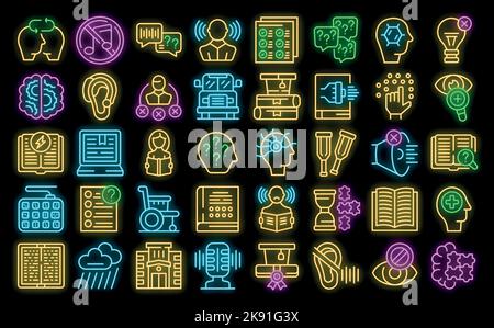 Learning disability icons set outline vector. Inclusive education. School test neon color on black Stock Vector