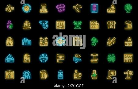 Croatia icons set outline vector. Split zagreb. Map landmark neon color on black Stock Vector