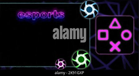 Illustrated background on the subject of computer games. English text: E Sport. 3 illustrated neon coloured computer fans. Polygon meshes in the backg Stock Vector