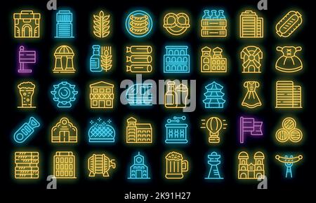 Munich icons set outline vector. City building. Skyline architecture neon color on black Stock Vector