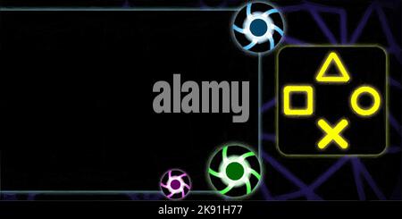 Illustrated background on the theme of computer games. 3 illustrated neon coloured computer fans. Polygon meshes in the background. Vector in low poly Stock Vector