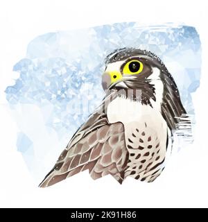 Falcon in snow. Snowflakes in its feathers. Portrait vector in Low Poly Style. Stock Vector