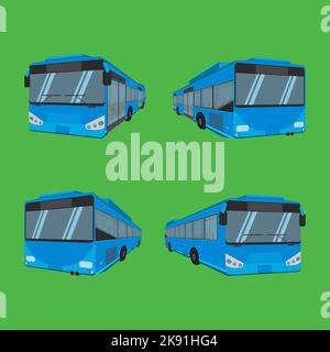 An illustration of four blue buses in different positions on a green background Stock Vector
