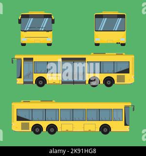 An illustration of four buses in different positions on a green background Stock Vector