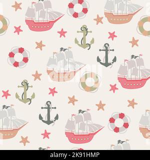 Vector seamless pattern with ship, anchor, lifebuoy.Underwater cartoon creatures.Marine background.Cute ocean pattern for fabric, childrens clothing Stock Vector