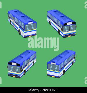 An illustration of four buses in different positions on a green background Stock Vector