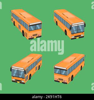 An illustration of four buses in different positions on a green background Stock Vector