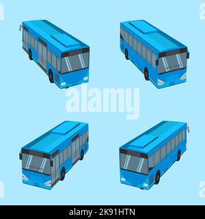 An illustration of four buses in different positions on a blue background Stock Vector