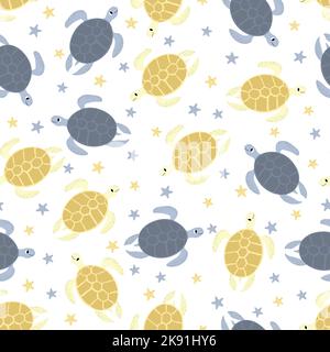 Vector seamless pattern with turtle.Underwater cartoon creatures.Marine background.Cute ocean pattern for fabric, childrens clothing,textiles,wrapping Stock Vector