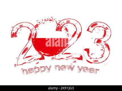 2023 Year in grunge style with flag of Poland. Holiday grunge vector illustration. Stock Vector
