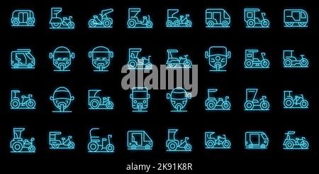 Trishaw icons set outline vector. Pedicab bicycle. Bike indian neon color on black Stock Vector