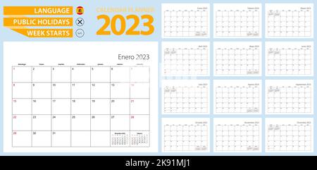 Spanish calendar for 2023. Week starts on Monday, 12 months. Cute ...