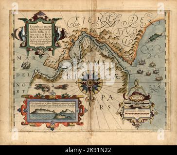 Old illustrated map of the Strait of Magellan in southern Chile by Dutch cartographer Jodocus Hondius ca. 1611 Stock Photo