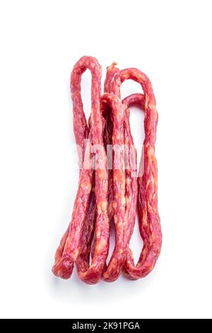 Dry cured  Kabanos sausage isolated on white Stock Photo