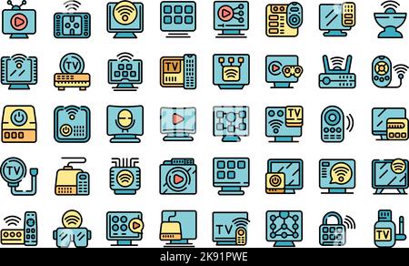 Smart TV box icons set outline vector. Remote cable. Controller device color flat isolated Stock Vector