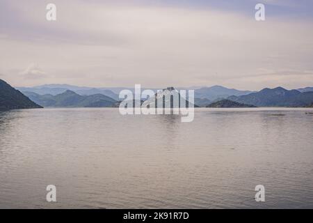 National Park Skadar Lake. Montenegro. Skadar lake. Dawn. View from above. The largest lake in the Balkans. Mountains of the Dinaric Highlands. Swampy Stock Photo